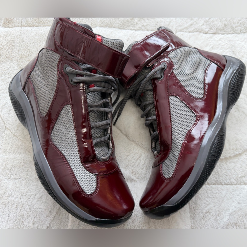 Prada America's Cup High Top Sneakers Burgundy Maroon Patent Shoes 8.5/9.5 - Picture 2 of 13